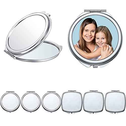 Jetec 6 Pcs Sublimation Blanks Compact Mirror Bulk Transfer Folding Pocket Makeup Double Sided Handheld Mirror Round Square Sublimation for Purse Travel