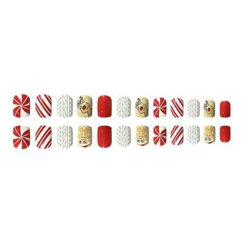 Christmas Press on Nails Short, Christmas Fake/False Nails with Embossed Gingerbread Man Press ons Designs Christmas Nails Press on Acrylic Artificial Nails Stick on Nails For Women 24Pcs