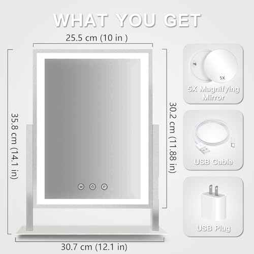 HIEEY Lighted Makeup Mirror, Hollywood Vanity Mirror with Lights, Three Color Lighting Modes, and 5X Magnification Mirror, Smart Touch Control, 360¡ÆRotation (14.1in,White,Gift Box)