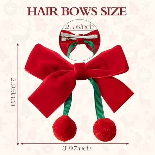 Bessrung 4 PCS Velvet Cherry Hair Bows for Girls, Bow Hair Clips, Red White Hair Ribbon with Alligator Hair Clips, Cute Girls Hair Accessories for Toddlers Kids Teens Christmas Gifts