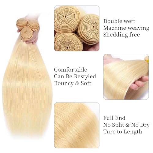 Human Hair Bundles 24 26 28 Inch Blonde Straight Weave Sew In Bundles Human Hair Double Weft Unprocessed Virgin Remy Hair Extension for Black Women £¨Color 613£©