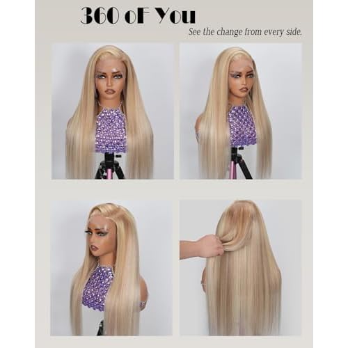 Ash Blonde Wig Human Hair with Chestnut Brown Deep Part 13x6 HD Balayage Lace Front Wigs for White Women Highlights Glueless Wigs Pre Plucked Human Hair Bleached Knots 180%Density Ombre Ash Brown Wig