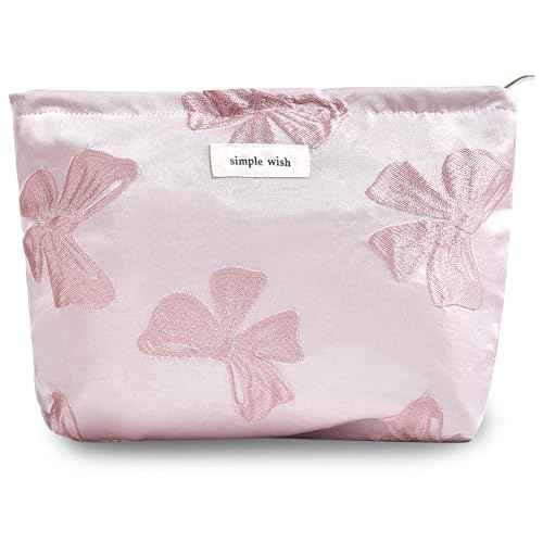 Pink Bow Makeup Bag for Purse Zipper - Large Capacity Canvas Cosmetic Organizer, Coquette Preppy Travel Toiletry Pouch for Women and Girls Gift Idea