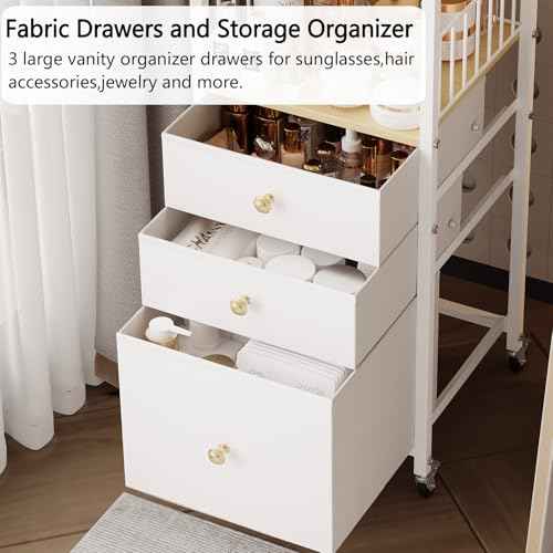 Makeup Organizer Cart with Drawers, Make up Organizers for Vanity, Floor Skincare Organizers- for Cosmetics, Nail Polish, Art Supply, Bathroom Vanity Desktop Organizer (White)