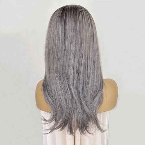 Ash Gray Brown Wig Highlight Dark Grey Color 13x4 Lace Front Wigs Layered Style Wavy Synthetic Fiber Hair 18Inch Pre Plucked for Women