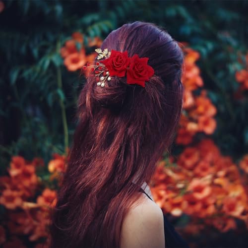 2 Pcs Rose Flower Wedding Hair Comb Crystal Pearl Bridal Headpiece Gold Leaf Red Flower Side Comb Hair Accessories for Women