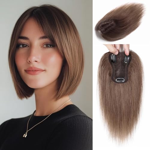 Ash Brown Hair Toppers Real Human Hair for Women with Thinning Hair No Bangs 10 Inch (#3 Tone Ash Brown with Dark Root)