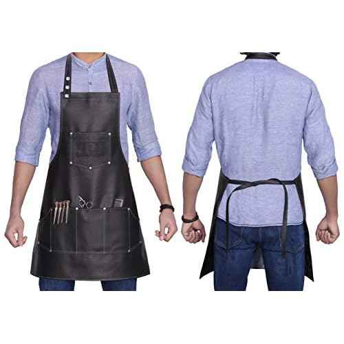 Fac?n Professional Leather Hair Cutting Hairdressing Barber Apron Cape for Salon Hairstylist - Multi-use, Adjustable with 6 pockets - Heavy Duty Premium Quality - Limited Edition - 28" x 24" (Black)