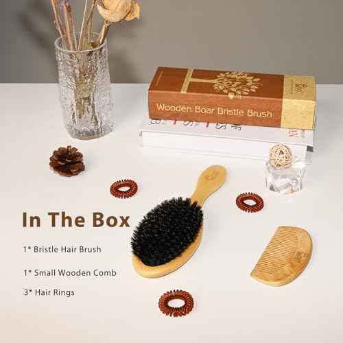 BLACK EGG Boar Bristle Hair Brush for Women Men Kid, Soft Natural Bristles Brush for Thin and Fine Hair, Restore Shine and Texture, Set includes Bamboo comb and 3 hair ties