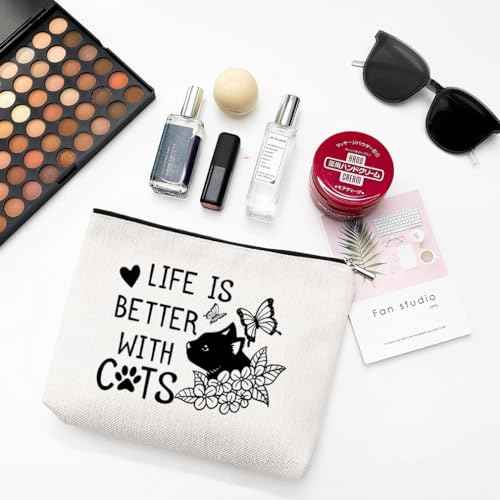 Cat Makeup Bag Small, Cat Mom Gifts for Women Cat Owners Lovers, Funny Cat Gifts for Women, Life Is Better with Cats Bag, Black Cat Gift Bag