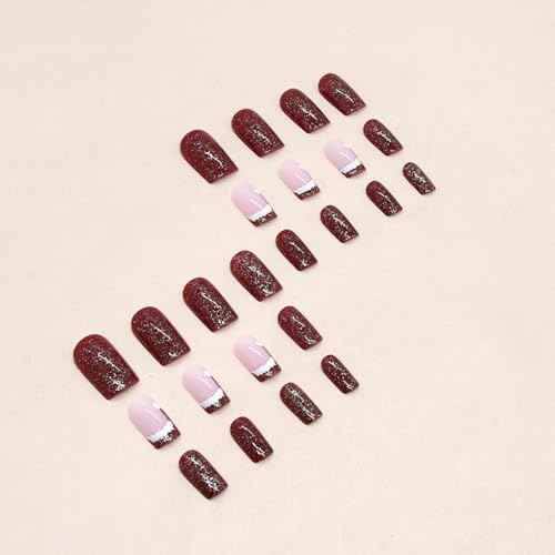 Christmas Hat Press on Nails Short Square Fake Nails Santa Hat Design Red French Glitter False Nails Winter Xmas Full Cover Acrylic Nails Glue on Nail for Women Girls 24Pcs