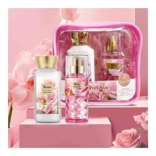 Bath and Body Gift Set for Women & Girls, Rose 2PCS Set for - Body Lotion, Body Mist, Personal Portable Body Care Travel Set for Birthday Mother's Day Gifts for Her and Him