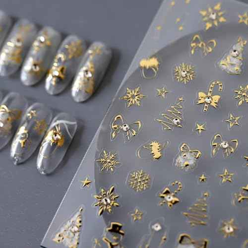 Christmas Nail Art Stickers - 5D Gold Decals with Snowflakes, Candy Canes, Xmas Trees, Bows & Snowmen for Women's Manicure Decoration