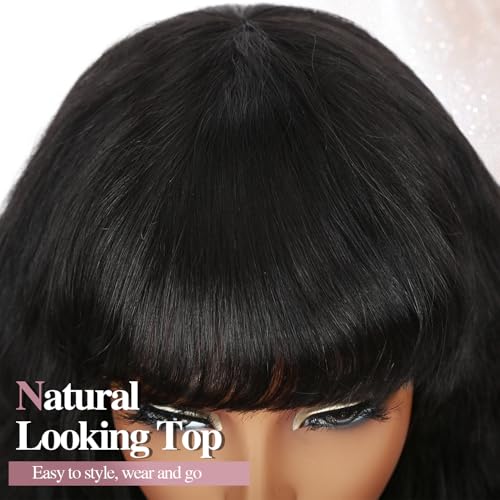 Fancy Hair Natural Wavy Human Hair Wig with Bangs NO Lace Glueless Body Wave Brazilian Virgin Hair Wigs with Bangs for Black Women Natural Black 16 Inch