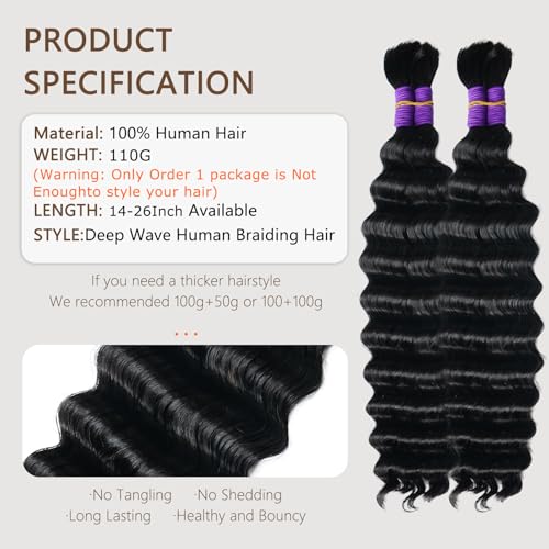 Human Braiding Hair for Boho Braids Deep Water Wave Crochet Hair Extensions Boho Hair for Braiding 12 A 110g 2 Bundles/Pack Natural Color Pre-Stretched 26 Inch