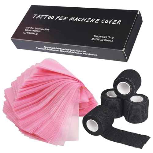 WZPB Large Tattoo Pen Machine Covers with Grip Tapes - 200Pcs 2.56 * 7.08 inch Pink Tattoo Machine Bags and 4Pcs Grip Wrap Tattoo Pen Bags Disposable Self-adhesive Bandage