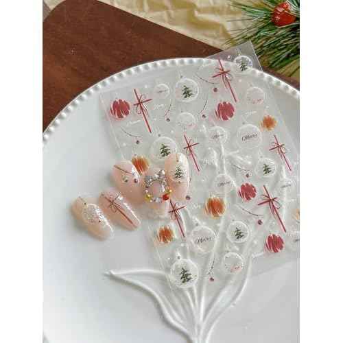 Crystal Ball Nail Stickers - 5D Embossed Christmas Tree & Red Bow Designs for Holiday Nail Art
