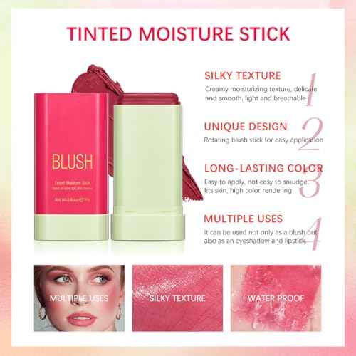 Multi-Use Makeup Blush Stick, Cream Blush Stick, Tinted Solid Moisturizer Stick for Cheek & Eyes & Lips, Waterproof Natural Nude Makeup, Suitable for All Skin (1#Shy Pink)