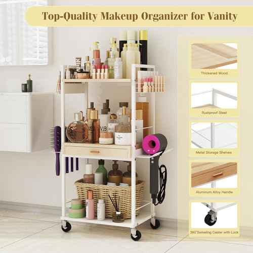 Makeup Organizer Cart with Wooden Drawer, 2-in-1 Floor Skincare Organizers with Jewelry Storage, 16.5'' L x 11.8'' W x 34.2'' H Large Make Up Organizers Vanity Organizer for Skin Care Hair Tool