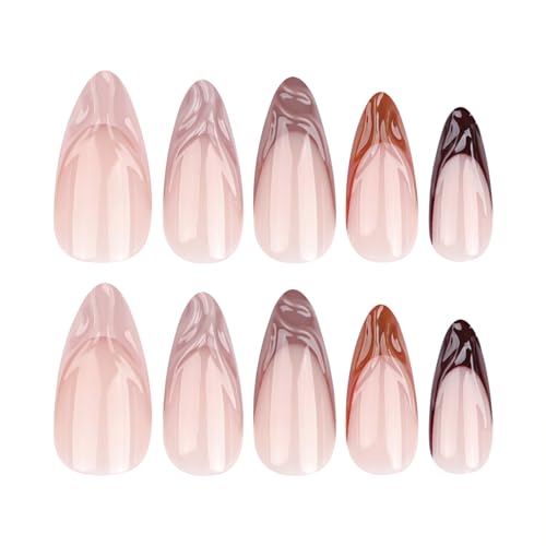 SINHOT Press on Nails Medium Almond Fake Nails Glossy Glue on Nails 3D Brown Chrome Acrylic Nails Stiletto Artificial Nails French Tip Stick on False Nails with Design 24 pcs