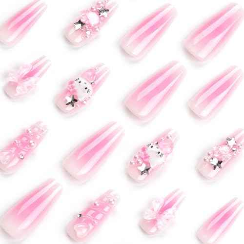 24Pcs Pink Coffin Nails Press on Nails Long Coffin Fake Nail with 3D Heart Pearl Star Charms Design Nail Art Gems Diamond Pink Acrylic Nail Art Supply Full Cover Stick on Nails Art for Women