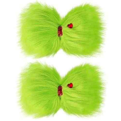 Vloso 2 Pcs Christmas Hair Bow for Girls,6 Inch Green Furry Hair Bow Clips with Red Heart,Christmas Decorations Costume Accessories Women Girls