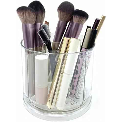 Makeup Brush Holder 360 Rotating Makeup Brushes Organizer for Vanity, 5 Slots Makeup Organizers & Storage, Multi-Functional Pencil Pen Holder for Desk, Cosmetic Storage Container Cup (Clear)