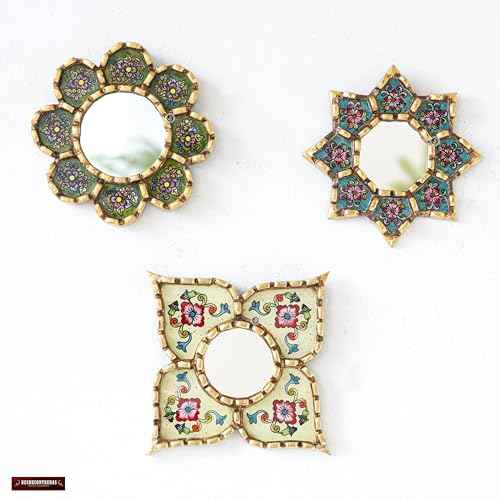 Handmade Peruvian Mirror Set ? Reverse Painted Glass ? Small Decorative Mirrors for Wall ? Artisan Star & Diamond Designs ? Unique Wall Decor Gift