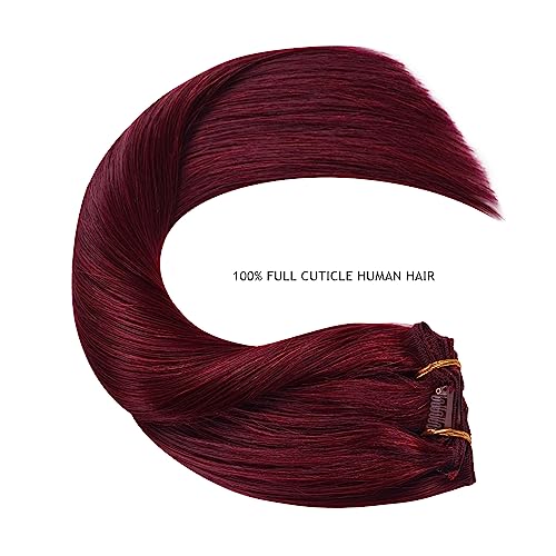 YILITE Clip in Hair Extensions 120g 8Pcs/Pack Burgundy Double Weft Silky Straight Remy Human Hair Thick Clip in Real Hair Extensions for Women£¨16inches #99J Burgundy£©