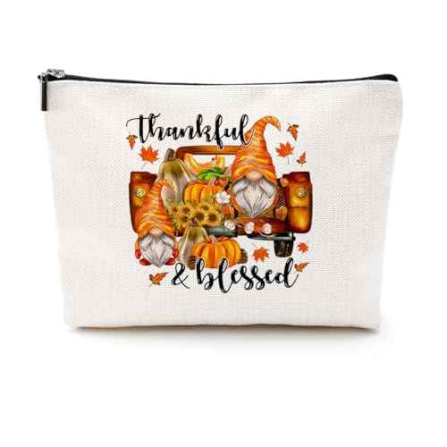 Gnome Gifts Fall Sunflowers Pumpkin Leaves Makeup Bag - Cosmetic Case - Orange, Brown - Waterproof - Travel, Makeup, Toiletry