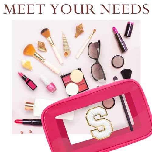 Gloppie Initial Clear Makeup Bag - Preppy Cosmetic Travel Toiletry Bag With Chenille Letter S - Gift for Women
