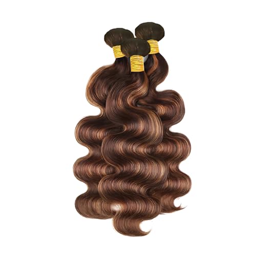 P430 Highlight Body Wave Bundles 20 22 24 Inch Human Hair Chocolate Brown and Brown Bundles Mix Two Tone Double Weft Weave Brazilian Human Hair Extensions Silky and Soft