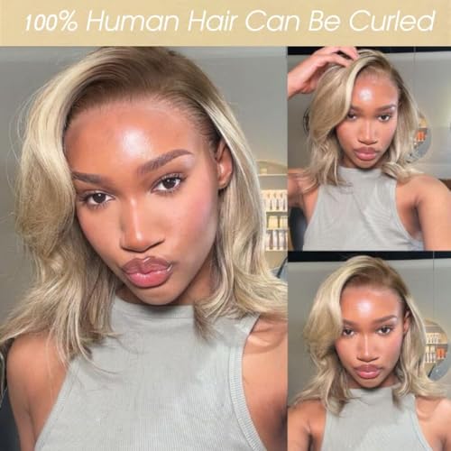180% Density Ombre Ash Blonde Bob Wig Human Hair 13x4 HD Invisible Front Wigs for Women Grey Ash Blonde Glueless Straight Bob Wig with Dark Roots Bleached Knots 14 Inch