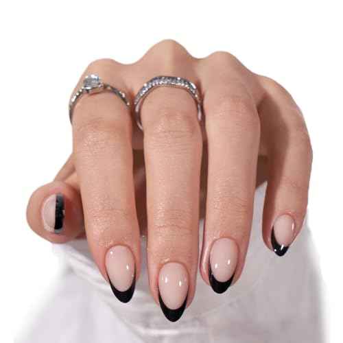 BTArtbox French Tip Press On Nails Almond - Black Press on Nails Short, Glue On Nails for Women Gift, Supremely Fit Natural Reusable Stick On Nails in 16 Sizes - 32 Fake Nails Kit, Black French