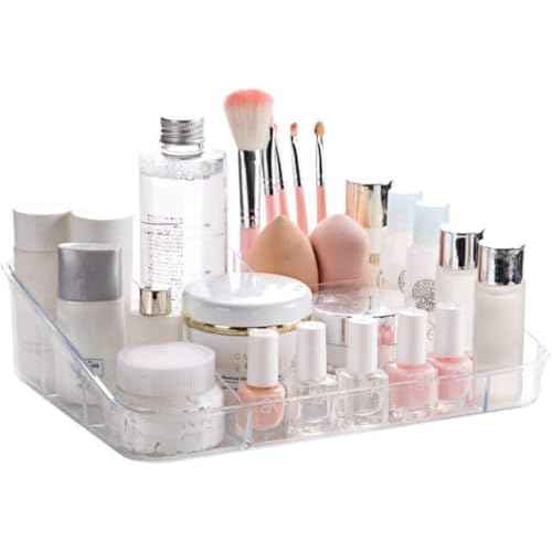 SUNFICON Makeup Tray Organizer Cosmetic Display Case Office Stationery Storage Holder Countertop Storage Unit Makeup Box for Bathroom Drawers,Vanities Office Desk,Washable Crystal Clear Acrylic