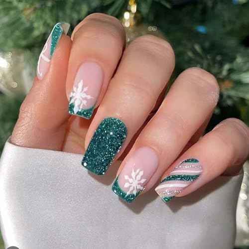 24Pcs French Tip Press on Nails Short Square LINMEIZAI Nail Tips Glitter Fake Nails Press Ons Nail Glue on Nails Acrylic Nails Kit with Peppermint Red Nails Nail Art for Women Christmas Decorations