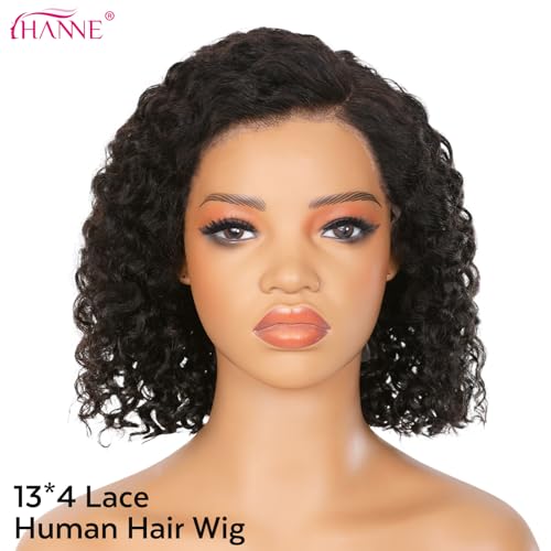 HANNE 12 Inch 13x4 Short Curly Human Hair Wigs 180% Density HD Lace Front Wig Glueless Wigs Human Hair Pre Plucked Pre Cut Curly Bob for Black Women