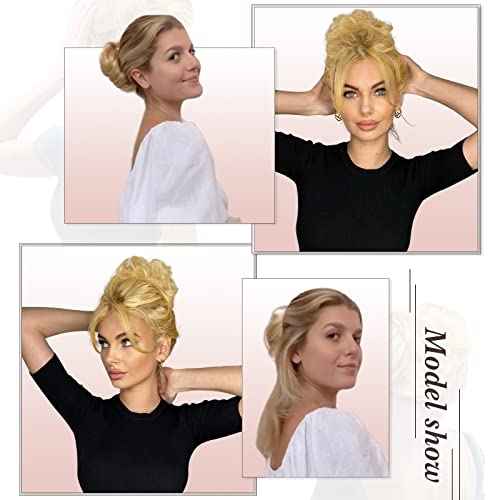 Claw Clip Messy Bun Hair Piece 100% Real Human Hair Buns Curly Chignon Hair Bun Extensions Wavy Tousled Updo Hair Buns Claw Clip Ponytail Hairpieces for Women(Dark Brown with Light Golden Brown)