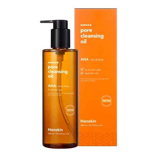 Hanskin AHA Pore Cleansing Oil for Dry Skin, Exfoliating, Waterproof Makeup Sebum Remover Facial Oil Cleanser for Face, Moisturizing for Soft Skin, Korean Skincare [AHA/10.14 oz.]