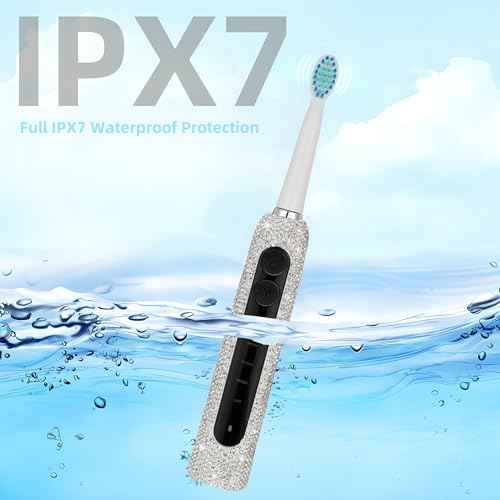 Diamond Sonic Electric Toothbrush Bling Rechargeable Toothbrushes for Adults with 6 Brush Heads Vibrating Toothbrush-5 Modes, USB-C Fast Charge,2Min Smart Timer,IPX7 Waterproof(White)