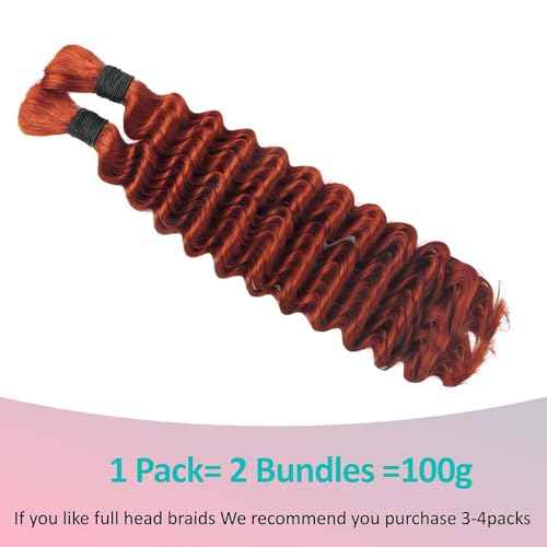 Boho Human Hair for Braiding 24 Inch Ginger #350 - 2 Bundles 100g Deep Wave Bulk for Knotless Braids (Curly, #350, 24 Inch)
