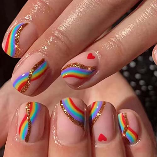 Square Press on Nails Nude Fake Nails Short Acrylic Full Cover Almond False Rainbow Nails for Women and Girls 24PCS