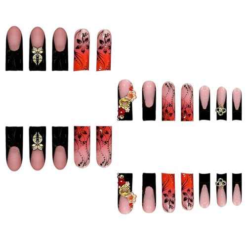 24Pcs Red French Tip Fake Nails Long Square Press on Nails pink Full Cover Glue on Nails with 3D Flower and Rhinestones Designs False Nails Gold Metallic Heart Acrylic Nails for Women