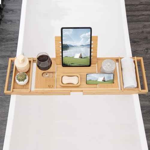 XcE Bathtub Caddy Tray Expandable to 105cm with Bamboo Book Stand and Soap Tray, Natural