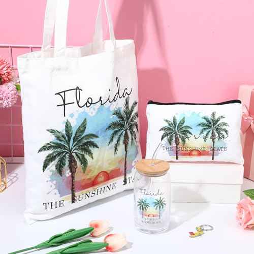 Chuangdi 4 Pcs Florida Travel Gifts Set Canvas Bag Cosmetic bag 16 oz Tumbler and Keychain Florida City Souvenirs Gifts for Traveler Friend Lover Sister