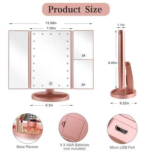 Tri-fold Lighted Vanity Makeup Mirror with 3x/2x Magnification,21 LEDs Light and Touch Screen,180 Degree Free Rotation Countertop Cosmetic Mirror,Travel (Rose Gold)