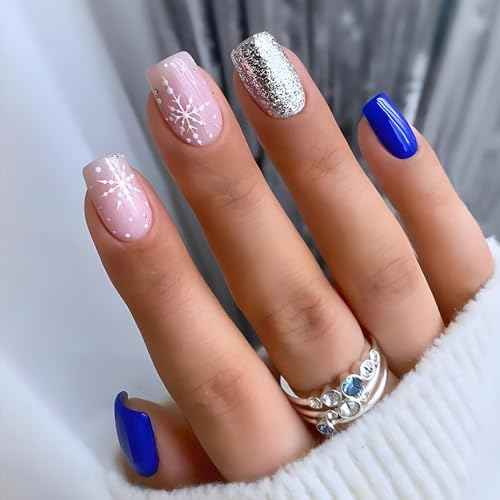 Christmas Short Square Press-On Nails - Blue Full Cover Glue-On With Silver Glitter Pink Snowflake Glossy Artificial Acrylic False Nails for Women Manicure - 24pcs