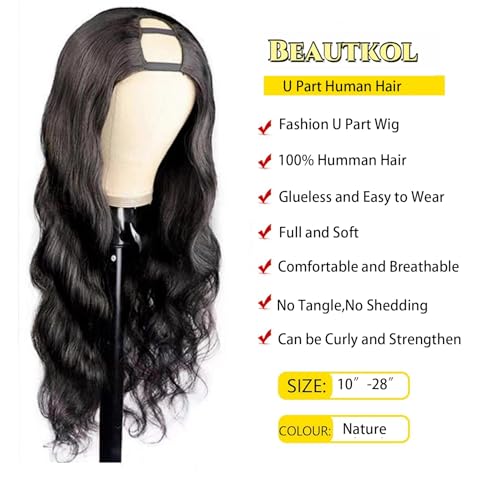 U Part Human Hair Wig Body Wave Brazilian Virgin Hair Glueless Wigs Human Hair 180% density U Part Wig for Black Women Clip In U Part Wig Human Hair Upart half wig Natural Black Color 20 inch