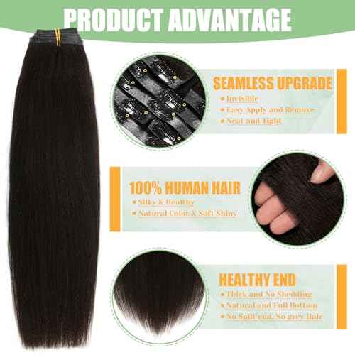 Loxxy Seamless Yaki Straight Clip ins Human Hair, Natural Black Yaki Clip ins for Black Women Invisible PU Weft 110g 7pcs 16 Inch
