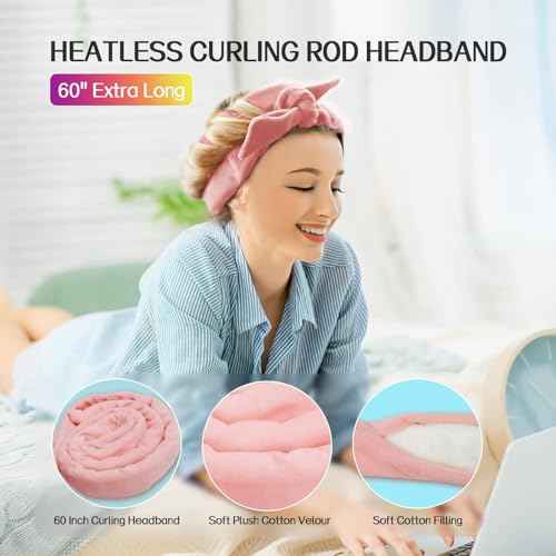 Extra Long Heatless Velour Curling Rod Headband - 61" No Heat Soft Cotton Curling Ribbon Kit for Women (Pink)